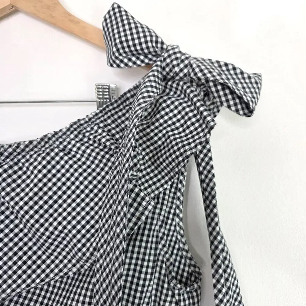 Vineyard Vines Gingham Black & White One Shoulder Bow Top Size 6, Preppy,Coastal